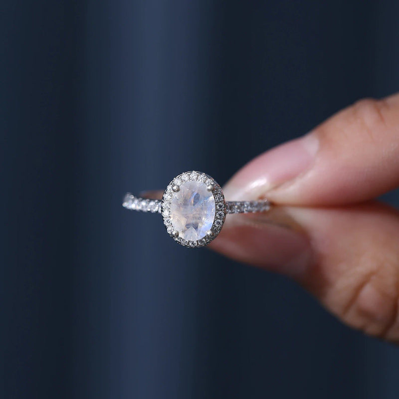 June Birthstone Oval Milky Blue Moonstone Halo Ring