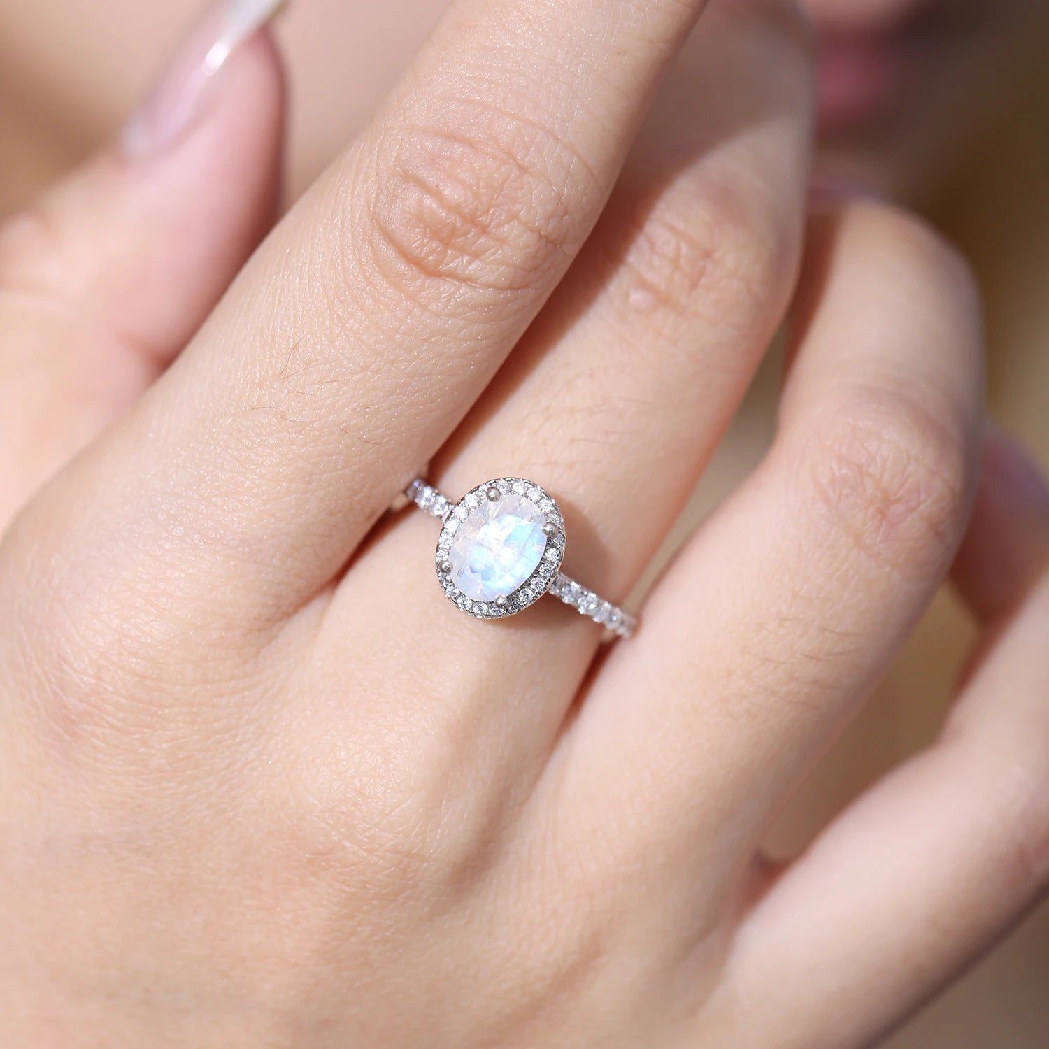 June Birthstone Oval Milky Blue Moonstone Halo Ring