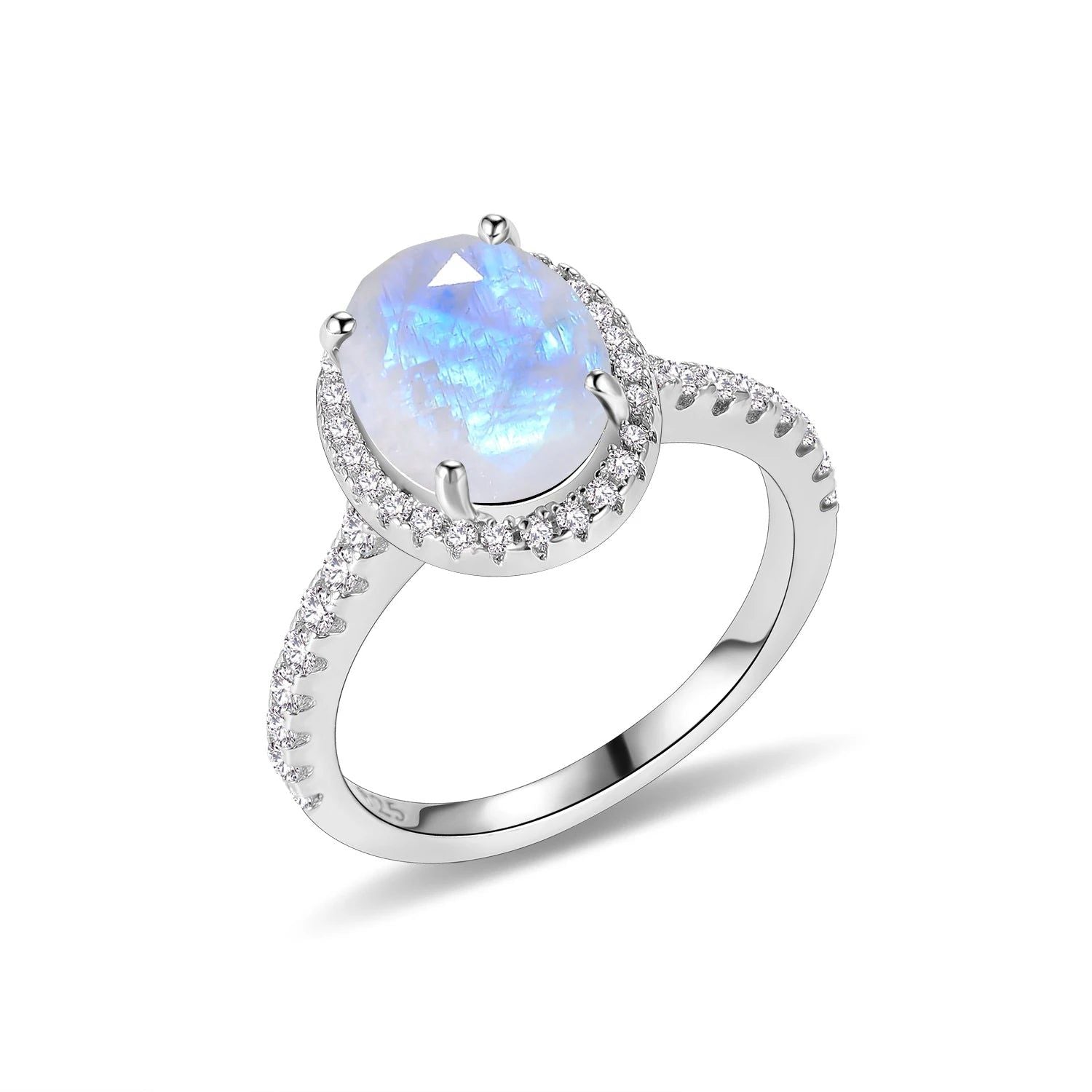 June Birthstone Oval Milky Blue Moonstone Halo Ring