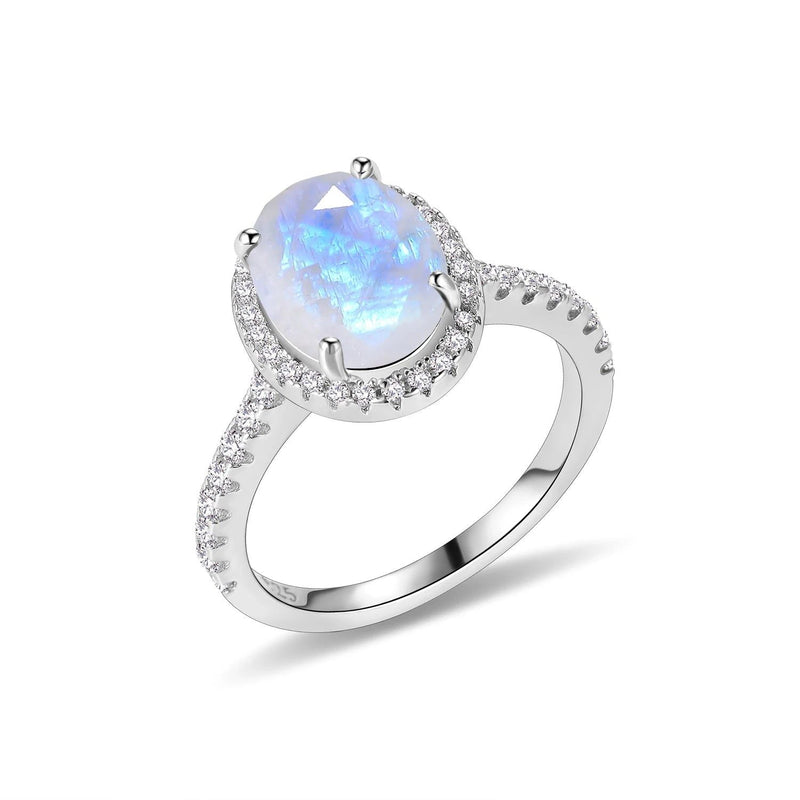 June Birthstone Oval Milky Blue Moonstone Halo Ring