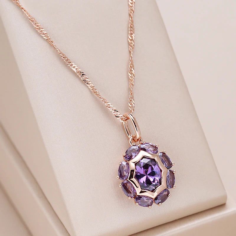 Lavish Oval Purple Natural Zircon Pendant Necklace in Elegant 585 Rose Gold