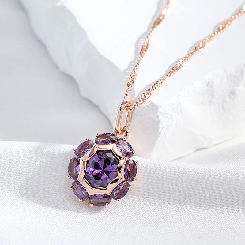 Lavish Oval Purple Natural Zircon Pendant Necklace in Elegant 585 Rose Gold