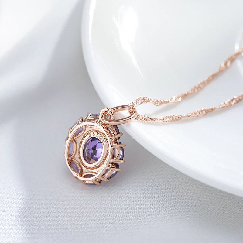 Lavish Oval Purple Natural Zircon Pendant Necklace in Elegant 585 Rose Gold