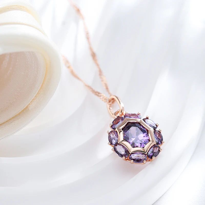 Lavish Oval Purple Natural Zircon Pendant Necklace in Elegant 585 Rose Gold