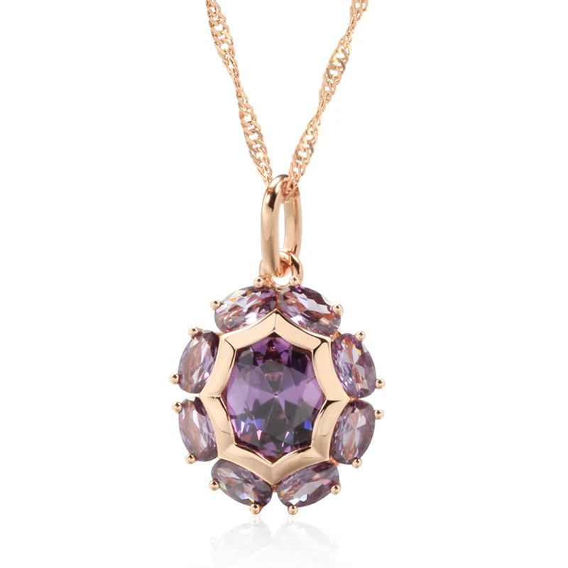 Lavish Oval Purple Natural Zircon Pendant Necklace in Elegant 585 Rose Gold