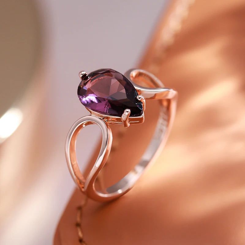 Lavish Purple Natural Zircon Water Drop Ring in 585 Rose Gold - Unique Cocktail Jewelry