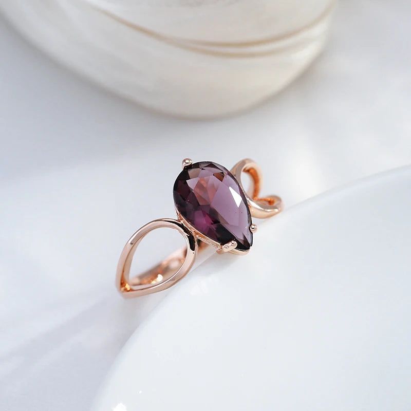 Lavish Purple Natural Zircon Water Drop Ring in 585 Rose Gold - Unique Cocktail Jewelry