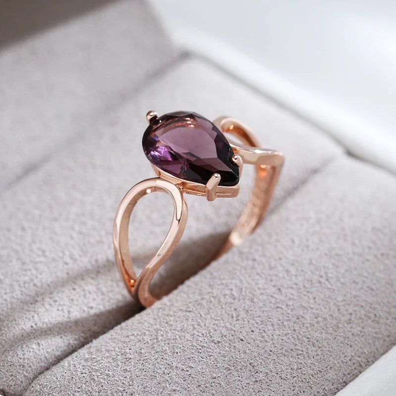 Lavish Purple Natural Zircon Water Drop Ring in 585 Rose Gold - Unique Cocktail Jewelry