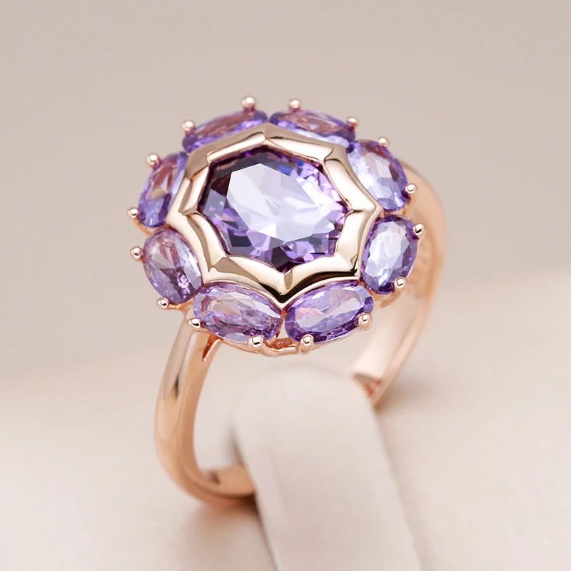 Lavish Violet Oval Natural Zircon Ring in 585 Rose Gold - Elegant Cocktail Jewelry