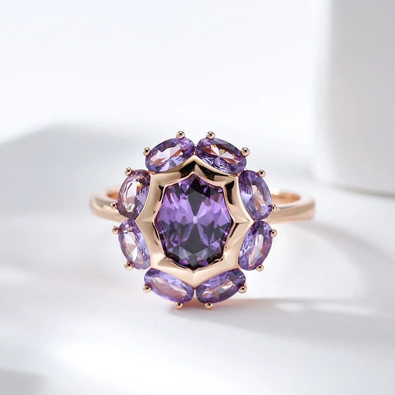 Lavish Violet Oval Natural Zircon Ring in 585 Rose Gold - Elegant Cocktail Jewelry