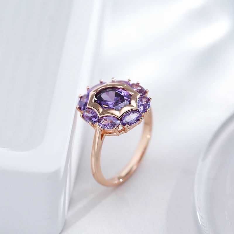 Lavish Violet Oval Natural Zircon Ring in 585 Rose Gold - Elegant Cocktail Jewelry