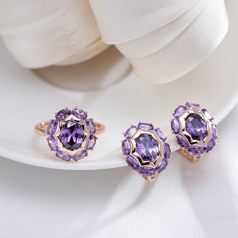 Lavish Violet Oval Natural Zircon Ring in 585 Rose Gold - Elegant Cocktail Jewelry