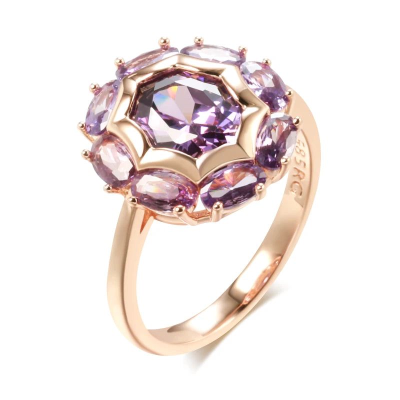 Lavish Violet Oval Natural Zircon Ring in 585 Rose Gold - Elegant Cocktail Jewelry