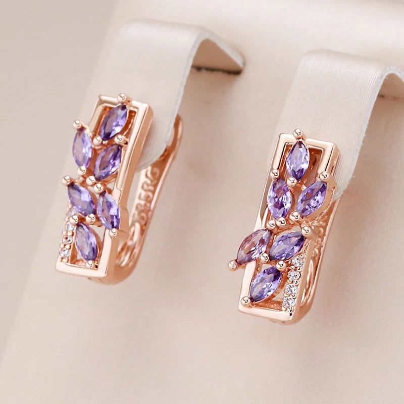 Leaf Shaped Purple Natural Zircon Earrings in 585 Rose Gold - Trendy Statement Jewelry