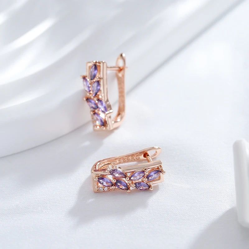 Leaf Shaped Purple Natural Zircon Earrings in 585 Rose Gold - Trendy Statement Jewelry