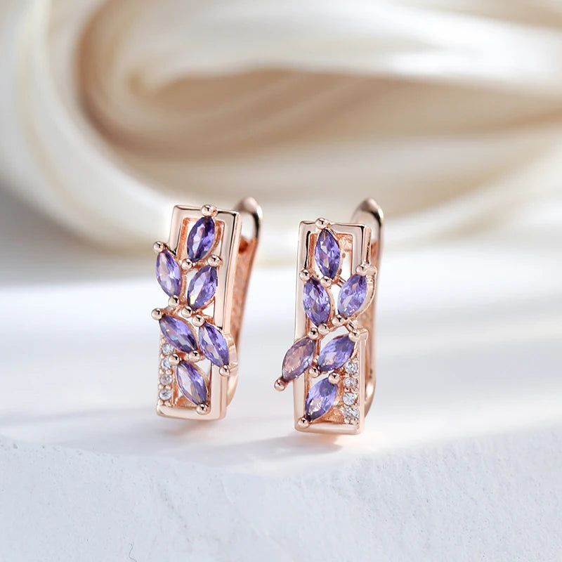 Leaf Shaped Purple Natural Zircon Earrings in 585 Rose Gold - Trendy Statement Jewelry