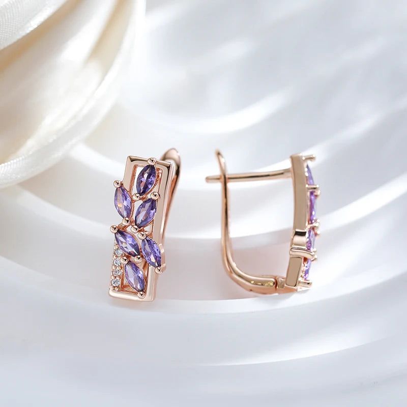 Leaf Shaped Purple Natural Zircon Earrings in 585 Rose Gold - Trendy Statement Jewelry