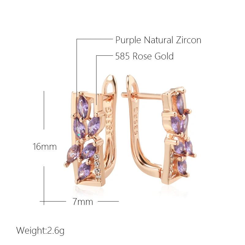 Leaf Shaped Purple Natural Zircon Earrings in 585 Rose Gold - Trendy Statement Jewelry