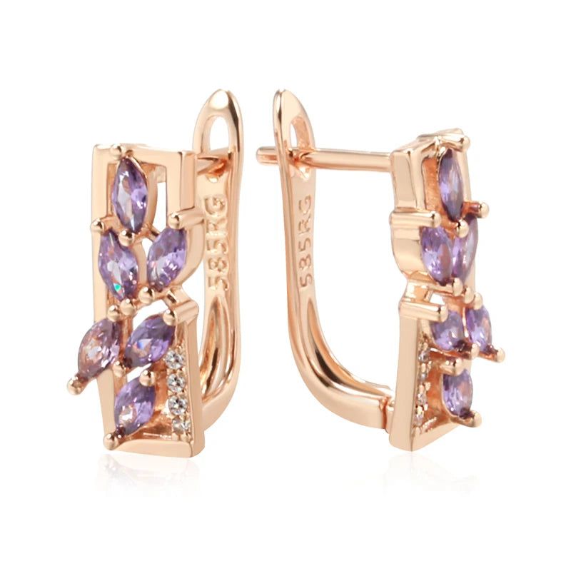 Leaf Shaped Purple Natural Zircon Earrings in 585 Rose Gold - Trendy Statement Jewelry