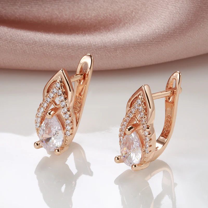 Luxurious 585 Rose Gold Drop Earrings with Natural Zircon for Elegant Fashion