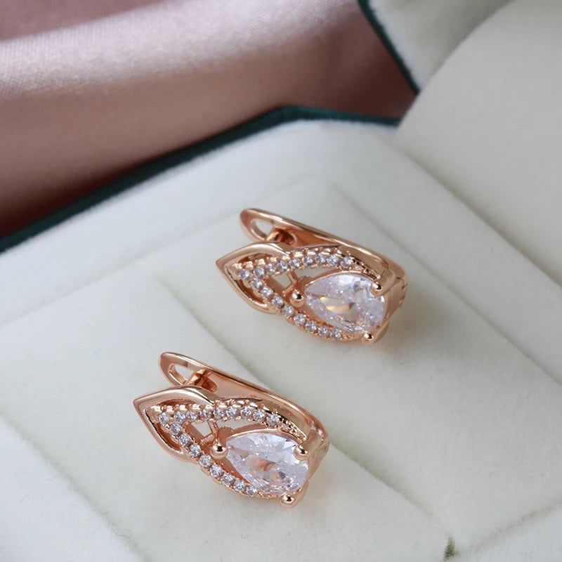 Luxurious 585 Rose Gold Drop Earrings with Natural Zircon for Elegant Fashion