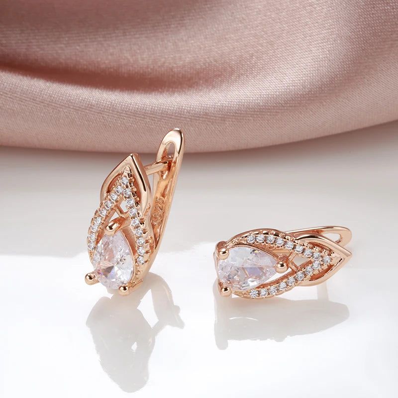 Luxurious 585 Rose Gold Drop Earrings with Natural Zircon for Elegant Fashion