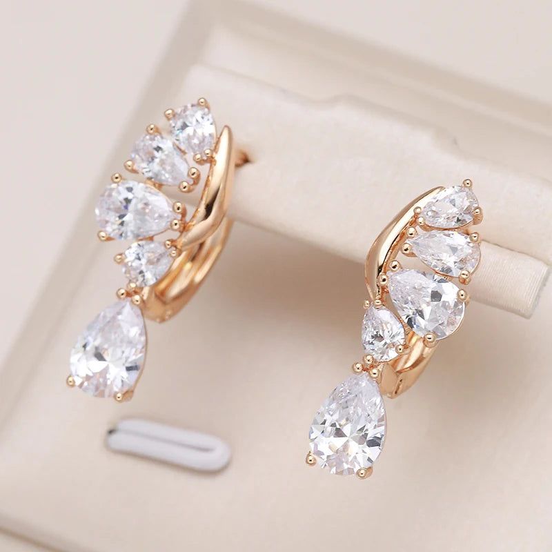 Luxurious 585 Rose Gold Heart Drop Earrings with Natural Zircon Crystals