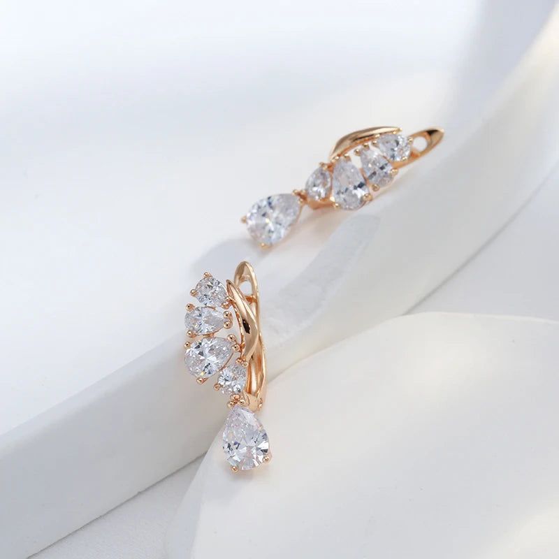 Luxurious 585 Rose Gold Heart Drop Earrings with Natural Zircon Crystals