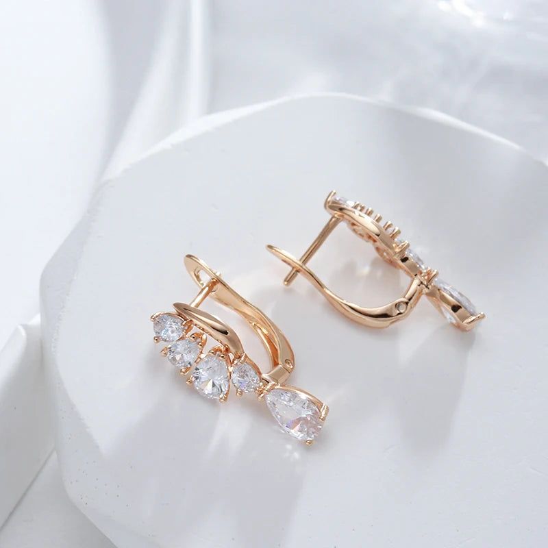 Luxurious 585 Rose Gold Heart Drop Earrings with Natural Zircon Crystals