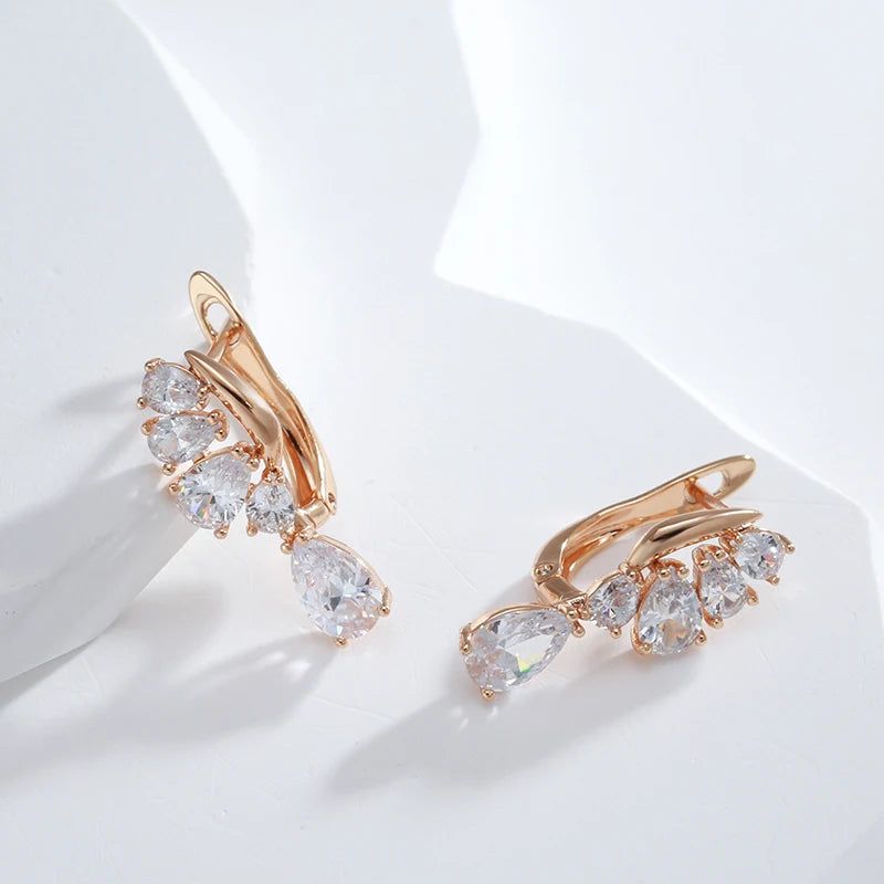 Luxurious 585 Rose Gold Heart Drop Earrings with Natural Zircon Crystals