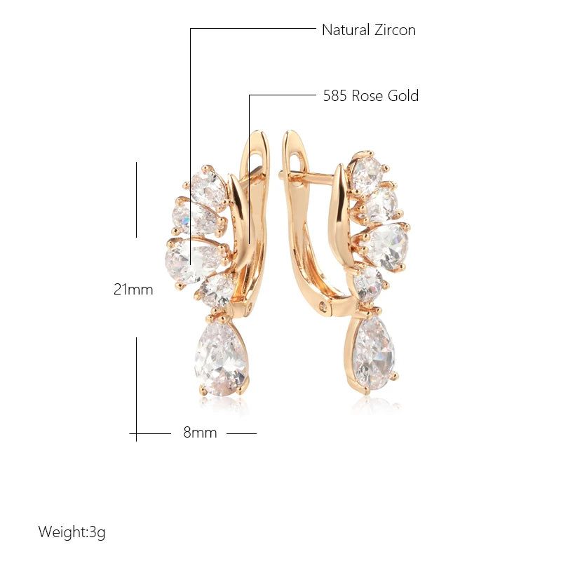 Luxurious 585 Rose Gold Heart Drop Earrings with Natural Zircon Crystals