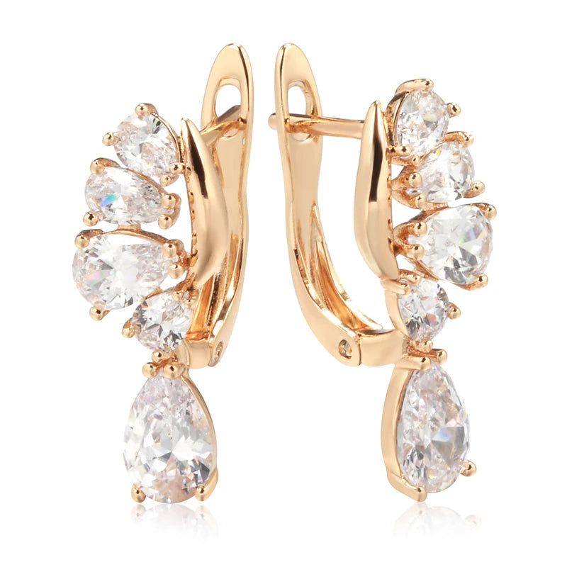 Luxurious 585 Rose Gold Heart Drop Earrings with Natural Zircon Crystals