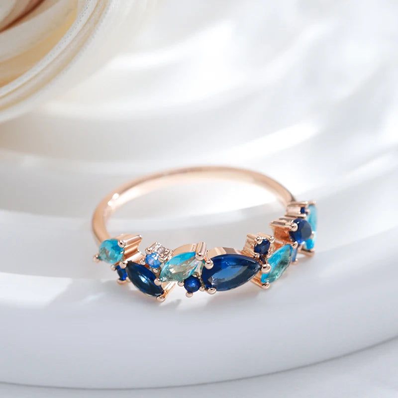 Luxurious 585 Rose Gold Leaf Ring with Vibrant Blue Natural Zircon