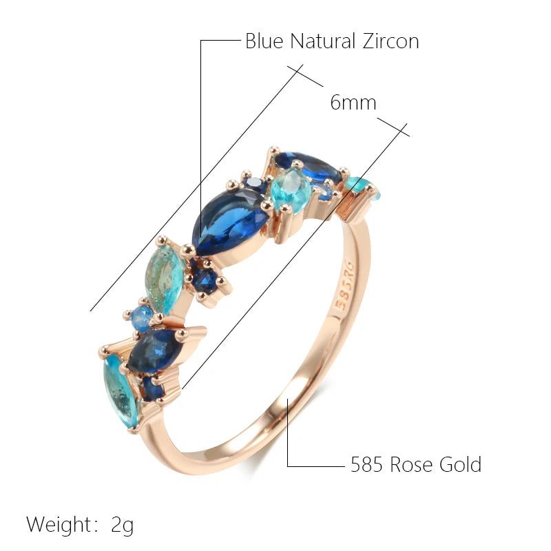 Luxurious 585 Rose Gold Leaf Ring with Vibrant Blue Natural Zircon