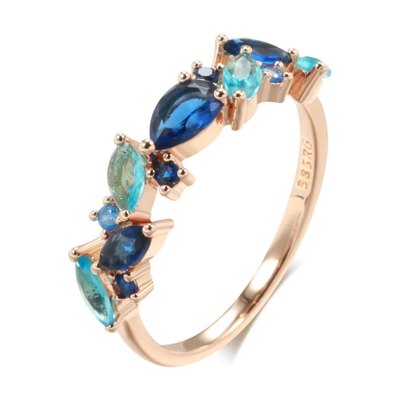 Luxurious 585 Rose Gold Leaf Ring with Vibrant Blue Natural Zircon