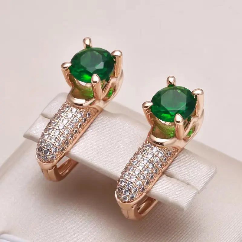 Luxurious Emerald Round Cut Zircon Drop Earrings in 585 Rose Gold - Exquisite Fashion Jewelry