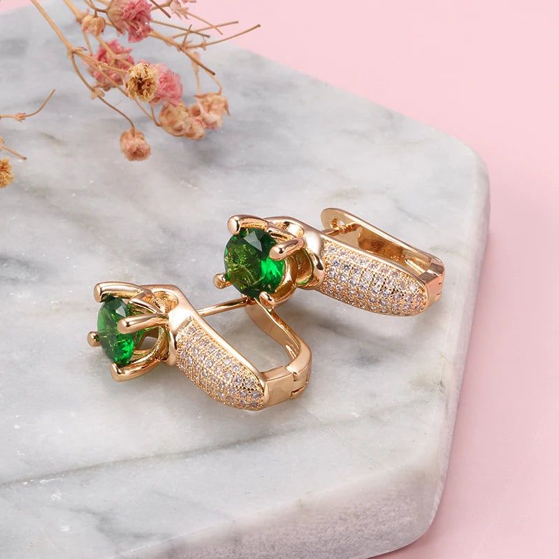 Luxurious Emerald Round Cut Zircon Drop Earrings in 585 Rose Gold - Exquisite Fashion Jewelry