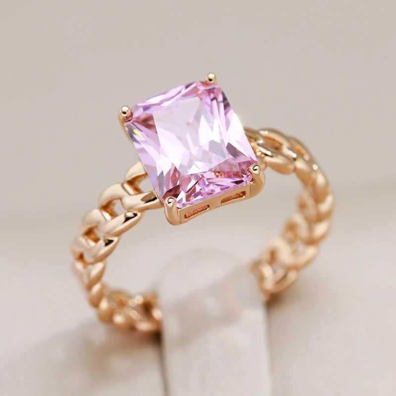 Luxurious Large Square Pink Zircon Open Ring in 585 Rose Gold Finish