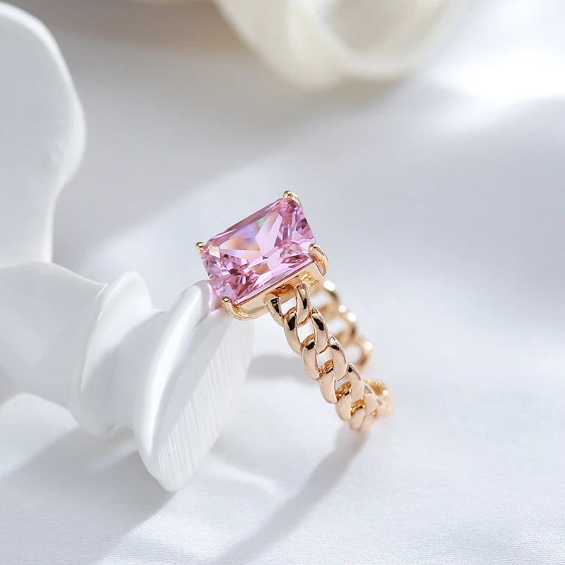 Luxurious Large Square Pink Zircon Open Ring in 585 Rose Gold Finish