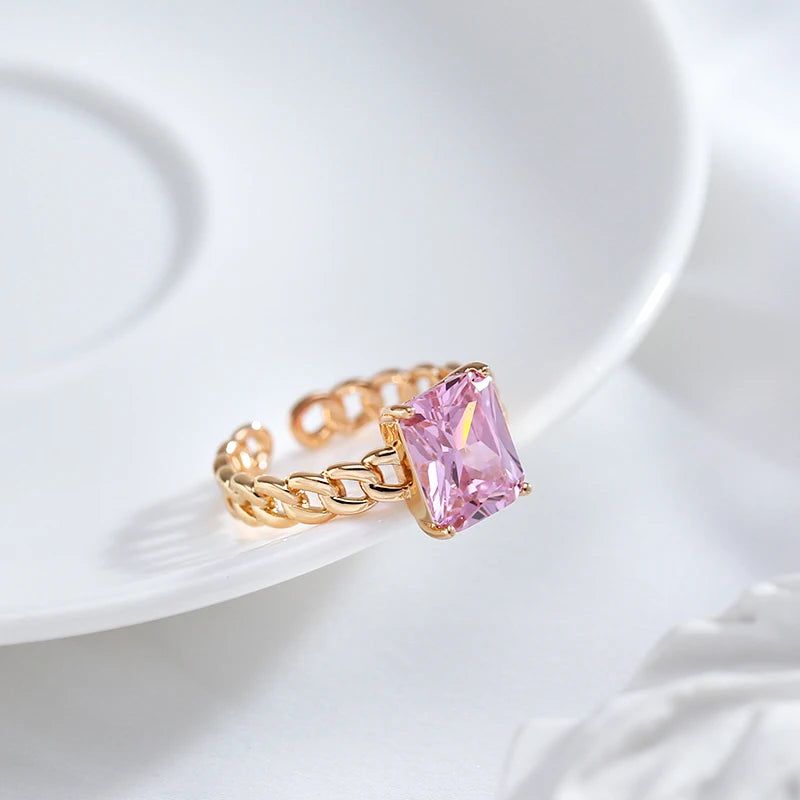 Luxurious Large Square Pink Zircon Open Ring in 585 Rose Gold Finish