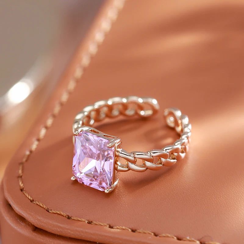 Luxurious Large Square Pink Zircon Open Ring in 585 Rose Gold Finish