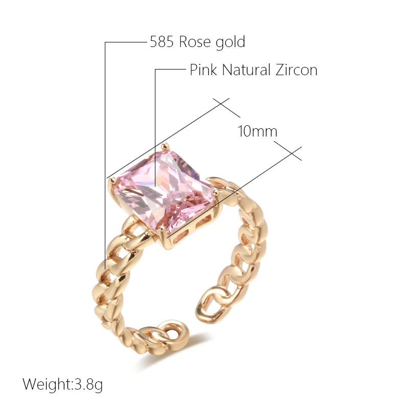 Luxurious Large Square Pink Zircon Open Ring in 585 Rose Gold Finish