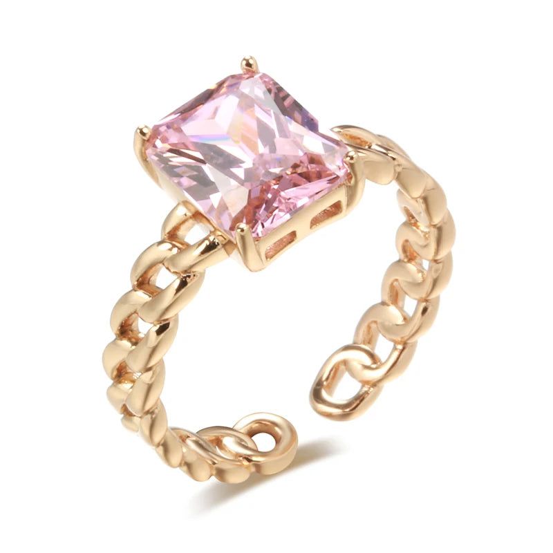 Luxurious Large Square Pink Zircon Open Ring in 585 Rose Gold Finish