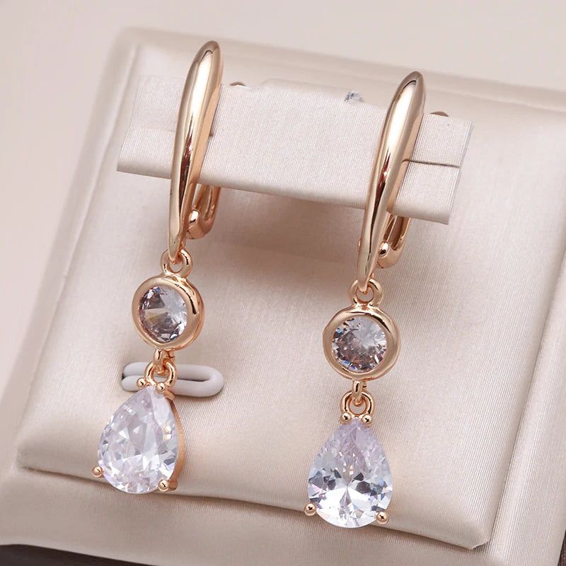 Luxurious Long Dangle Earrings in 585 Rose Gold with Natural Zircon – Elegant Geometric Design