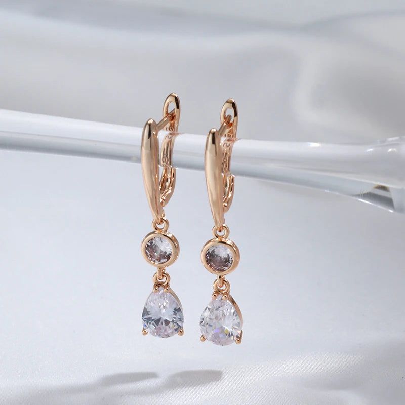 Luxurious Long Dangle Earrings in 585 Rose Gold with Natural Zircon – Elegant Geometric Design