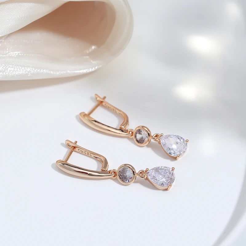 Luxurious Long Dangle Earrings in 585 Rose Gold with Natural Zircon – Elegant Geometric Design