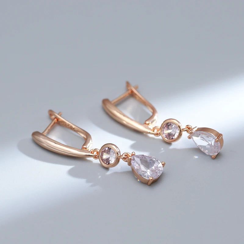 Luxurious Long Dangle Earrings in 585 Rose Gold with Natural Zircon – Elegant Geometric Design