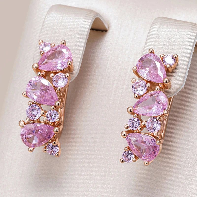 Luxurious Rose Gold Pink Zircon Full Paved Drop Earrings