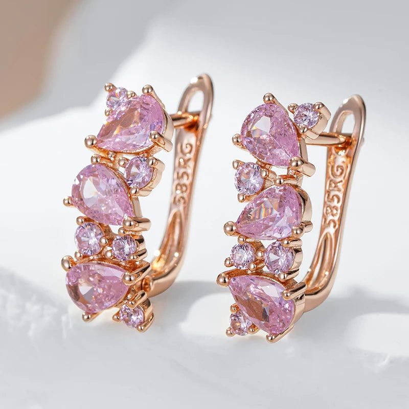 Luxurious Rose Gold Pink Zircon Full Paved Drop Earrings