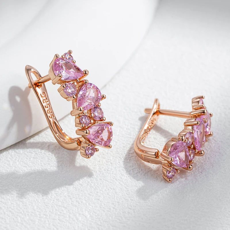 Luxurious Rose Gold Pink Zircon Full Paved Drop Earrings